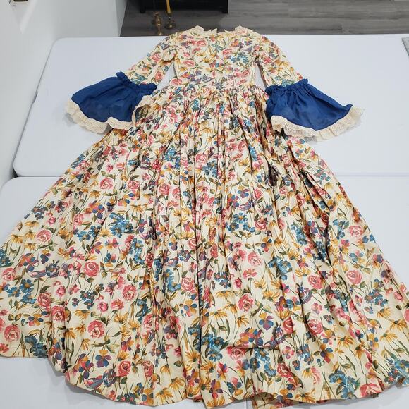 Vintage Floral Prairie Maxi Dress Small Medieval Full Skirt Bell Sleeves Cream - Picture 5 of 11